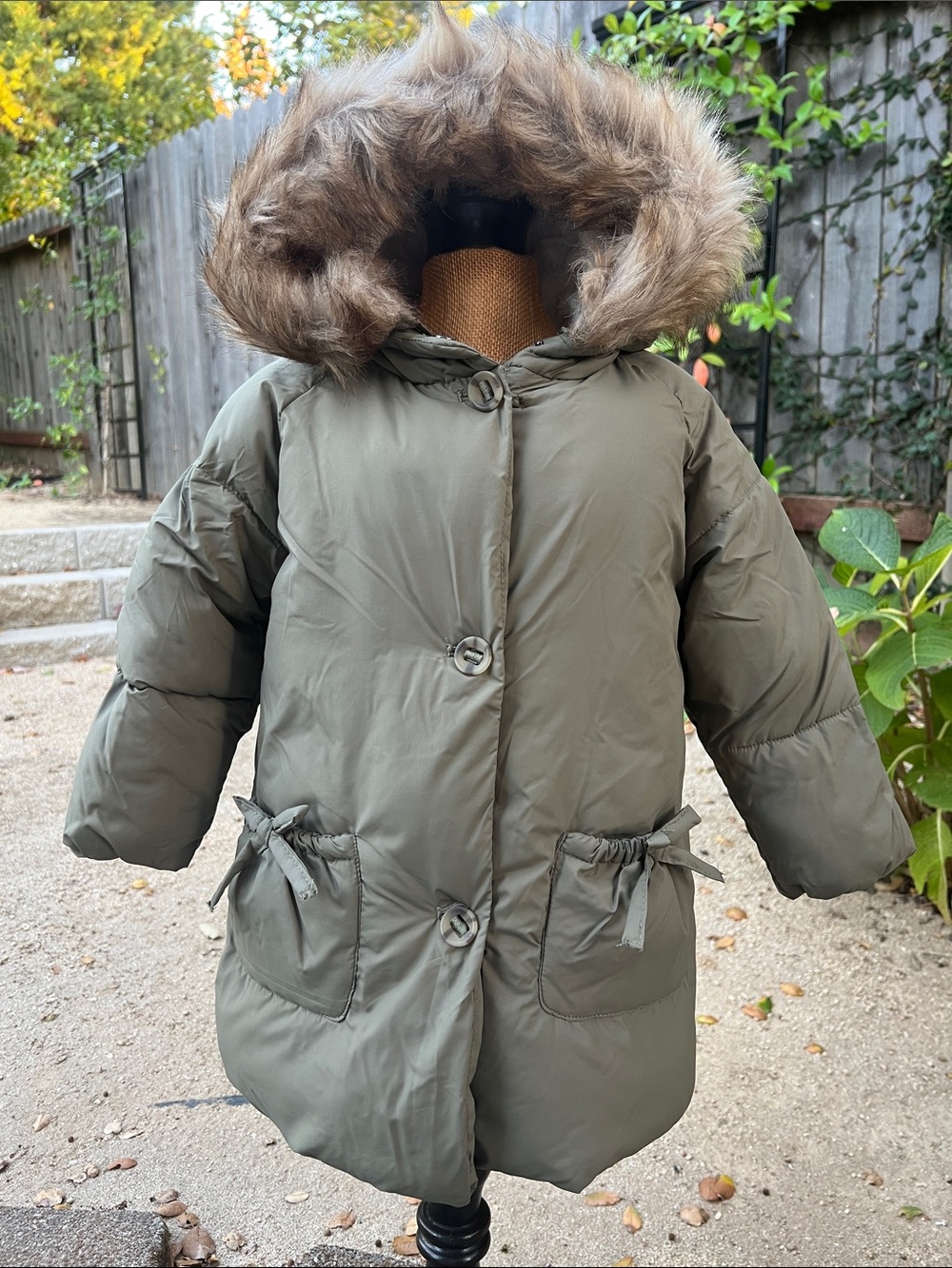 Zara Olive Green Kids Puffer Coat with Faux Fur Hood in Size 2T-3T
